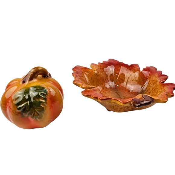 Ceramic Fall Decor Set Pumpkin Candy Dish Leaf Bowl Autumn Harvest Decor - Picture 1 of 16